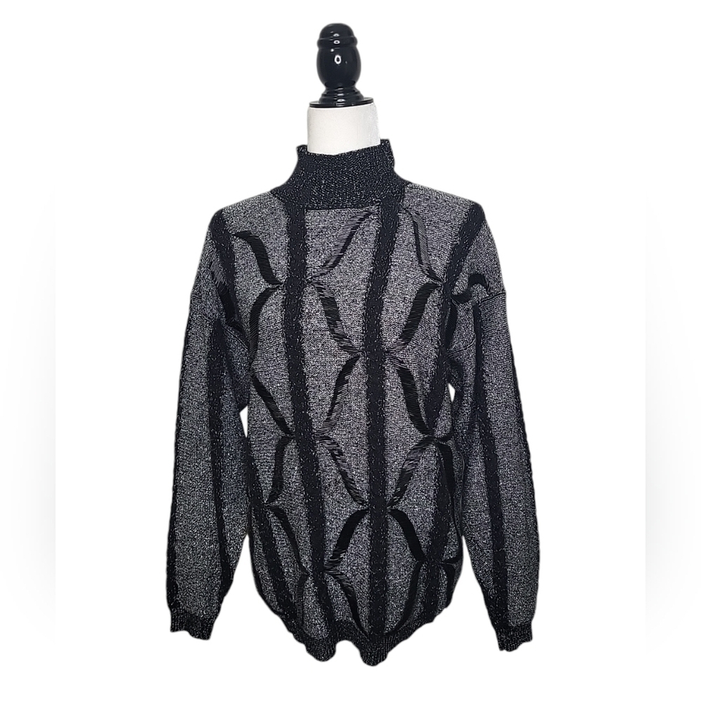 Luis De Maire Women's Sweater Size M Beaded Black/Silver Lambs Wool Angora